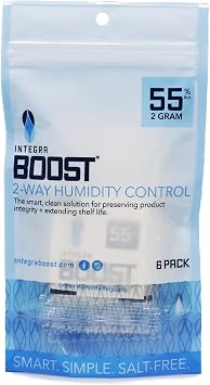 Integra Boost - 55% RH Level - 2 Gram Size - Two-Way Humidity Control Pack - Includes Humidity Indicator Cards - Humidity Balancer Packet For Packaged Foods & Herbs Storage Pack of 6