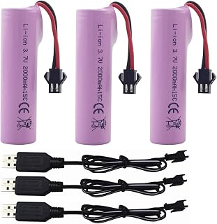 3PCS 3.7V 2000mah SM-2P Plug Lithium Battery with USB Charging Cable for DE68 DE44 DE45W DE45 DE58 DE49 DE57 DE70 Off-Road Vehicle Truck Tank RC Remote Control Toy Car