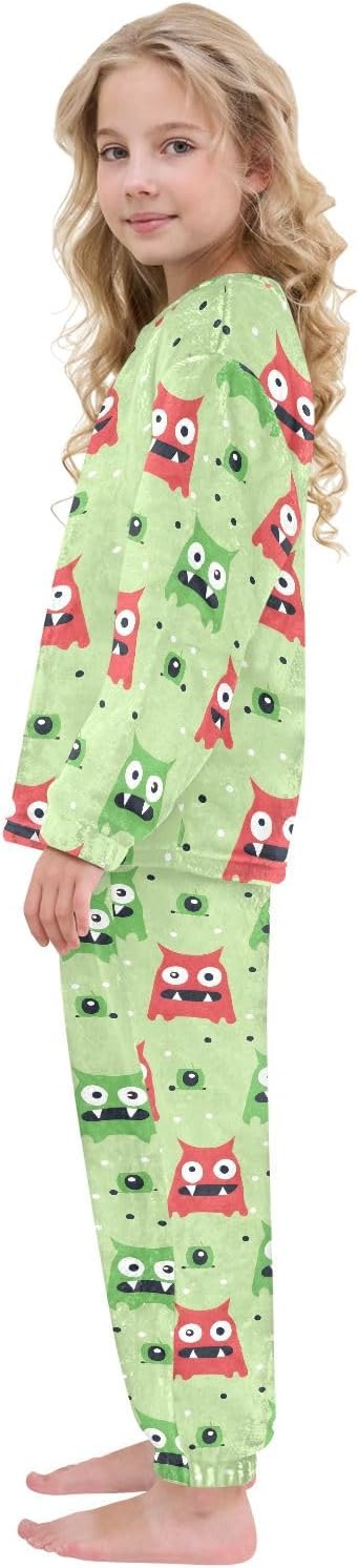 Kids Flannel Sets Red and Green Monster Warm Plush Relaxed Clothing for Boys and Girls