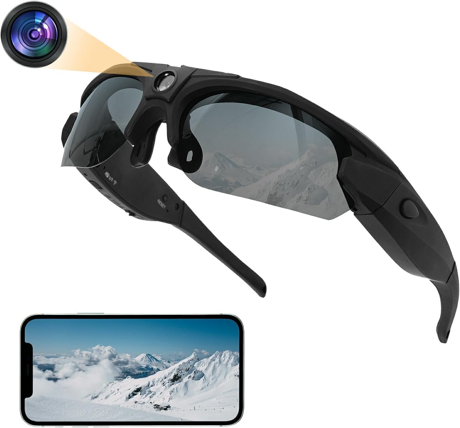 Sport Camera with WiFi, Camera Sunglasses for Outdoor Sports & Vloging, Supports iOS & Android (No Memory Card Included)
