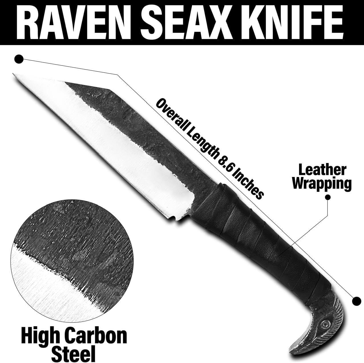 Odin's Raven Viking-styled Seax Knife 8.6" - Hand-Forged 4.4" Carbon Steel Blade, Raven's Head Hilt and 2 Genuine Leather Sheaths - Unique Medieval Seax Style - Norse Knife for Hunting & Camping