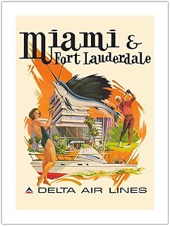 Miami & Fort Lauderdale Florida - Delta Air Lines - Vintage Airline Travel Poster by Fred Sweney c.1974 - Eco-friendly Premium Hemp Paper 290gsm (Unframed) Art Print 18x24in