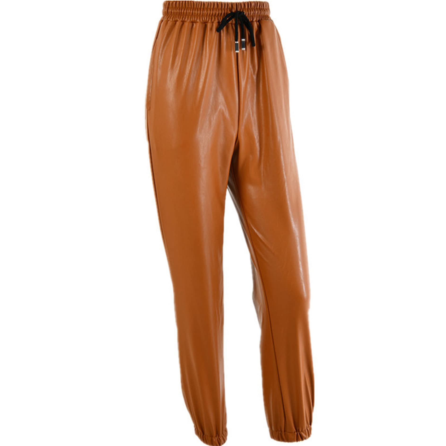 Damskie legginsy ze sztucznej skóry wyglądające na mokre, sznurek, przycięte, zwężane spodnie ze sztucznej skóry z wysokim stanem, seksowne legginsy (brązowy L)