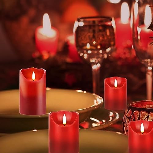 Miniatura 6 de 3 velas rojas parpadeantes sin llama  Pilar de cera real sin goteo  Velas a pilas  Juego de velas electrónicas bailarinas con control remoto y