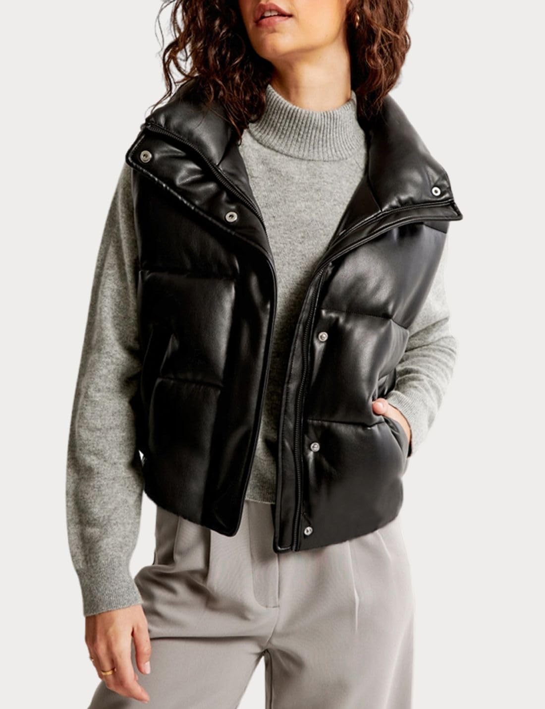 Ailoqing Womens Faux Leather Puffer Vest Zip Up Sleeveless Winter Cropped Jacket