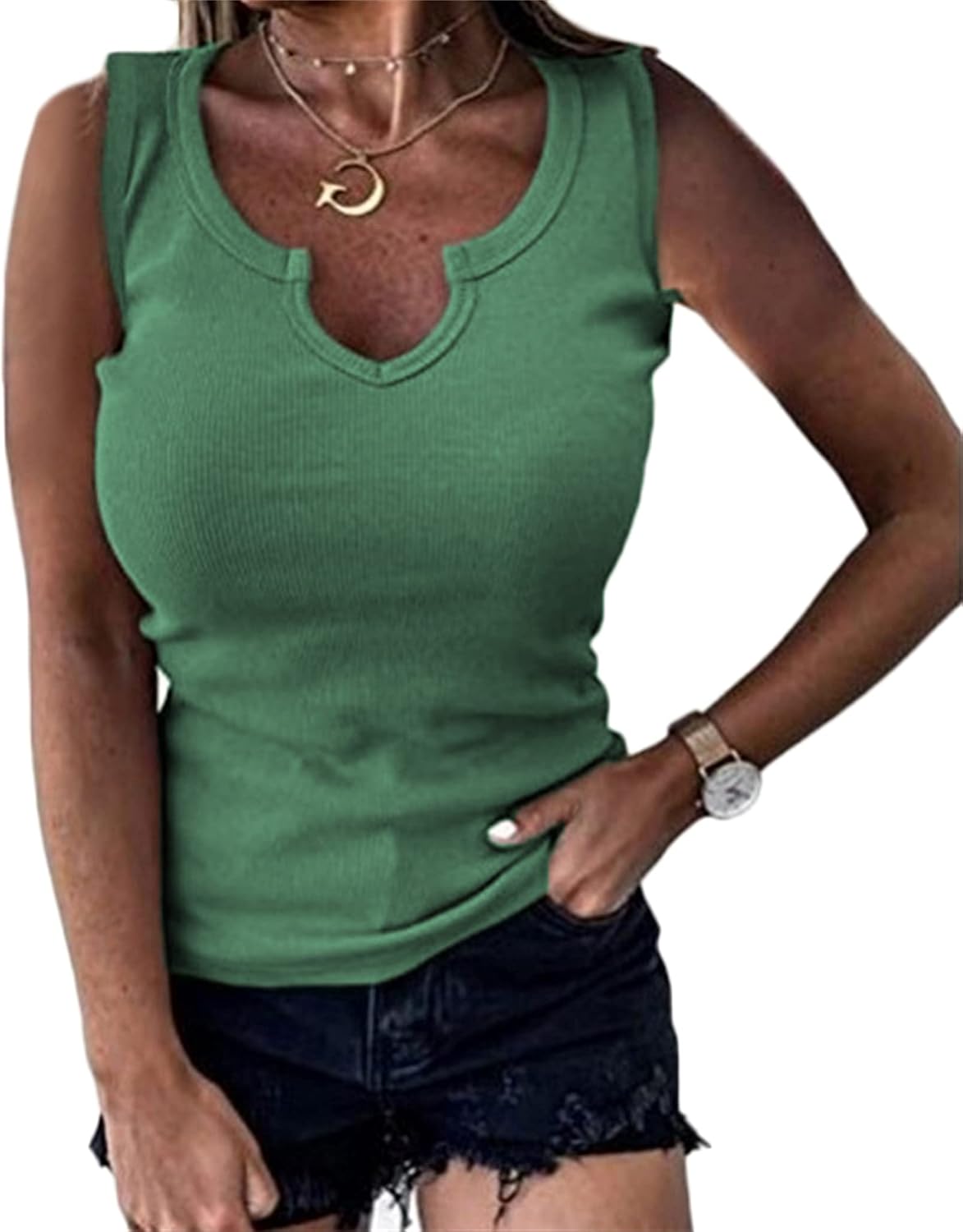 Andongnywell Womens Solid Color V Neck Tank Tops Sleeveless Henley Shirts Ribbed Tunic Tees Blouse Tunic