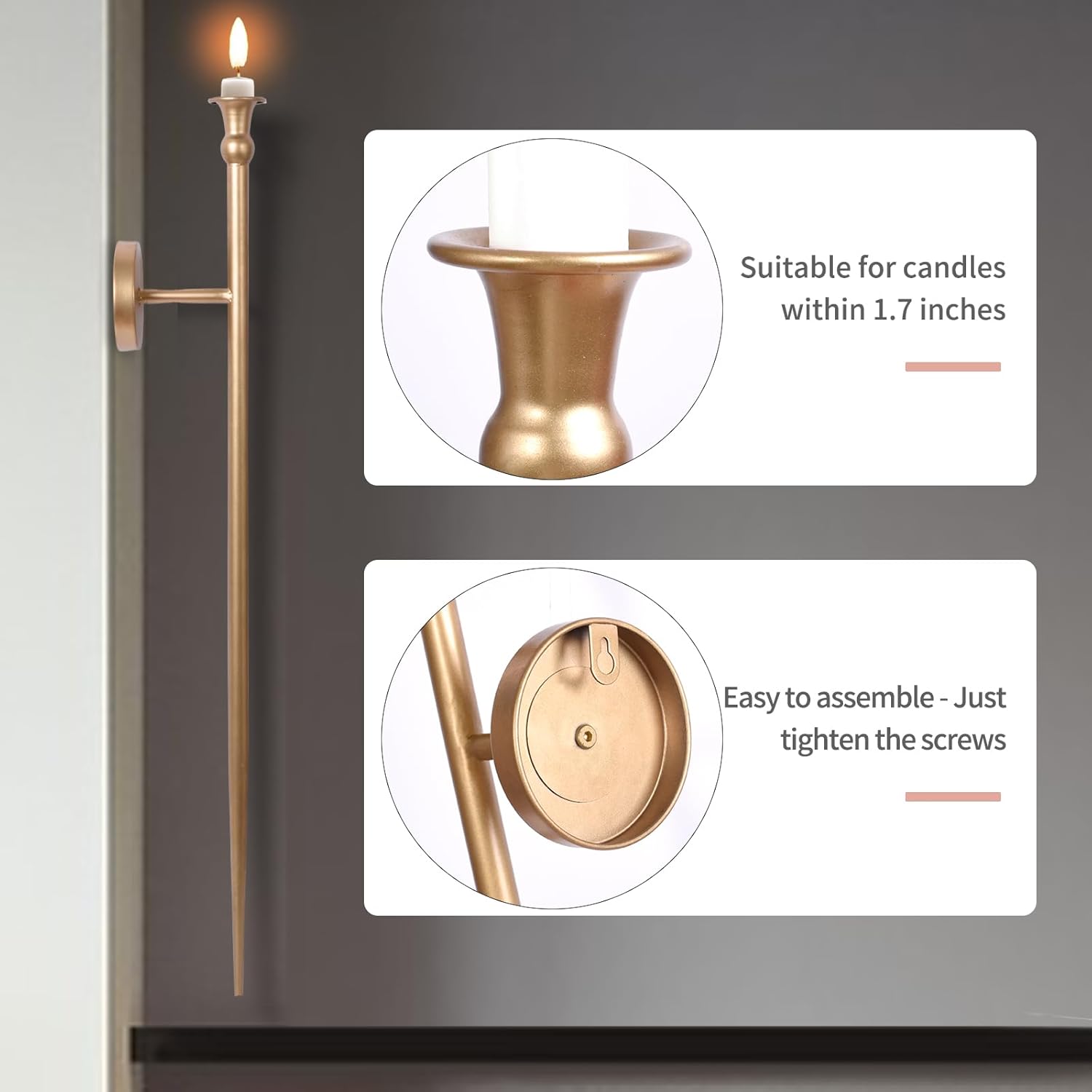 Candle Sconces Long Wall Candle Holder - 33" H Set of 2 Gold Long Wall Candle Sconce Retro Chic Wall Sconces Candle Holder Decoration for Dining Room, Living Room, Office, Bathroom