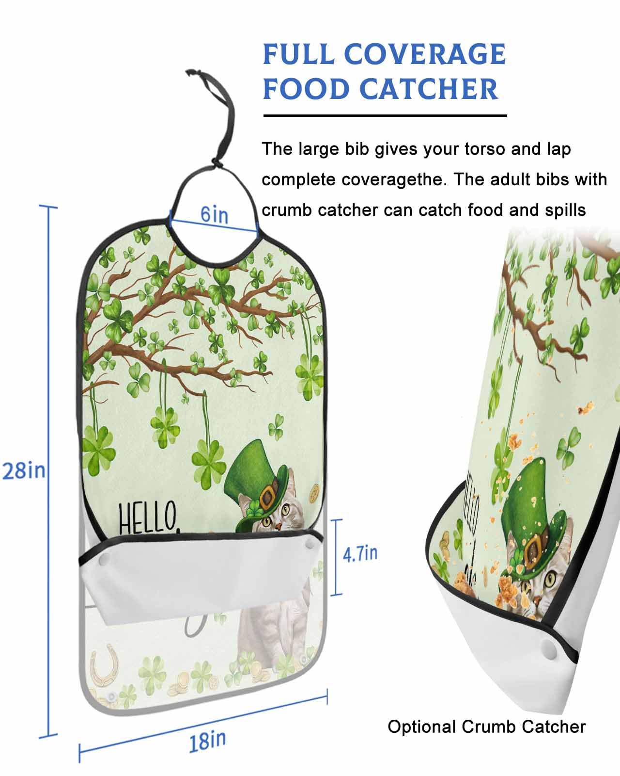 LEOKOTI St. Patrick's Cat Adult Bibs for Eating, Waterproof Bibs with Food Catcher & Adjustable Snap Closure, Green Lucky Clover Cat Washable Clothing Protectors Adult Bibs for Elderly Women/Men