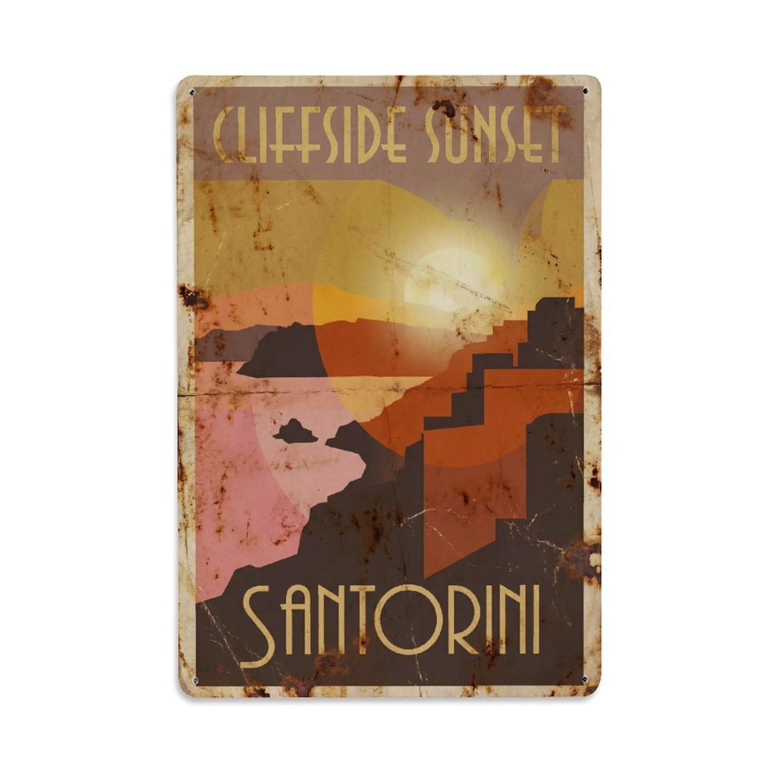 Gead 8X12inch Style Vintage Travel Santorini Cliffside Sunset Metal Tin Sign