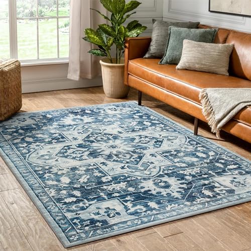 Hafaa Area Rugs Living Room – Vintage Blue Rugs for Bedroom Traditional Oriental Cashmere Style Carpet for Dining Room Soft Short Pile Non Slip Washable Boho Rug – 60x110 cm, Tranquil