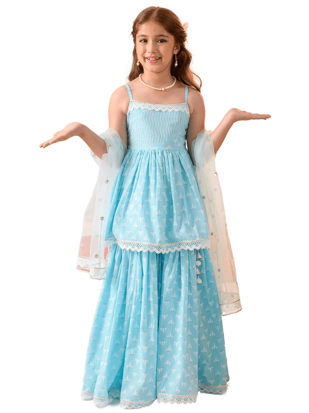 Pspeaches Girl's Cotton Kurta & Sharara (Sha-Bluewhitekhaddi-5-6Y_Blue