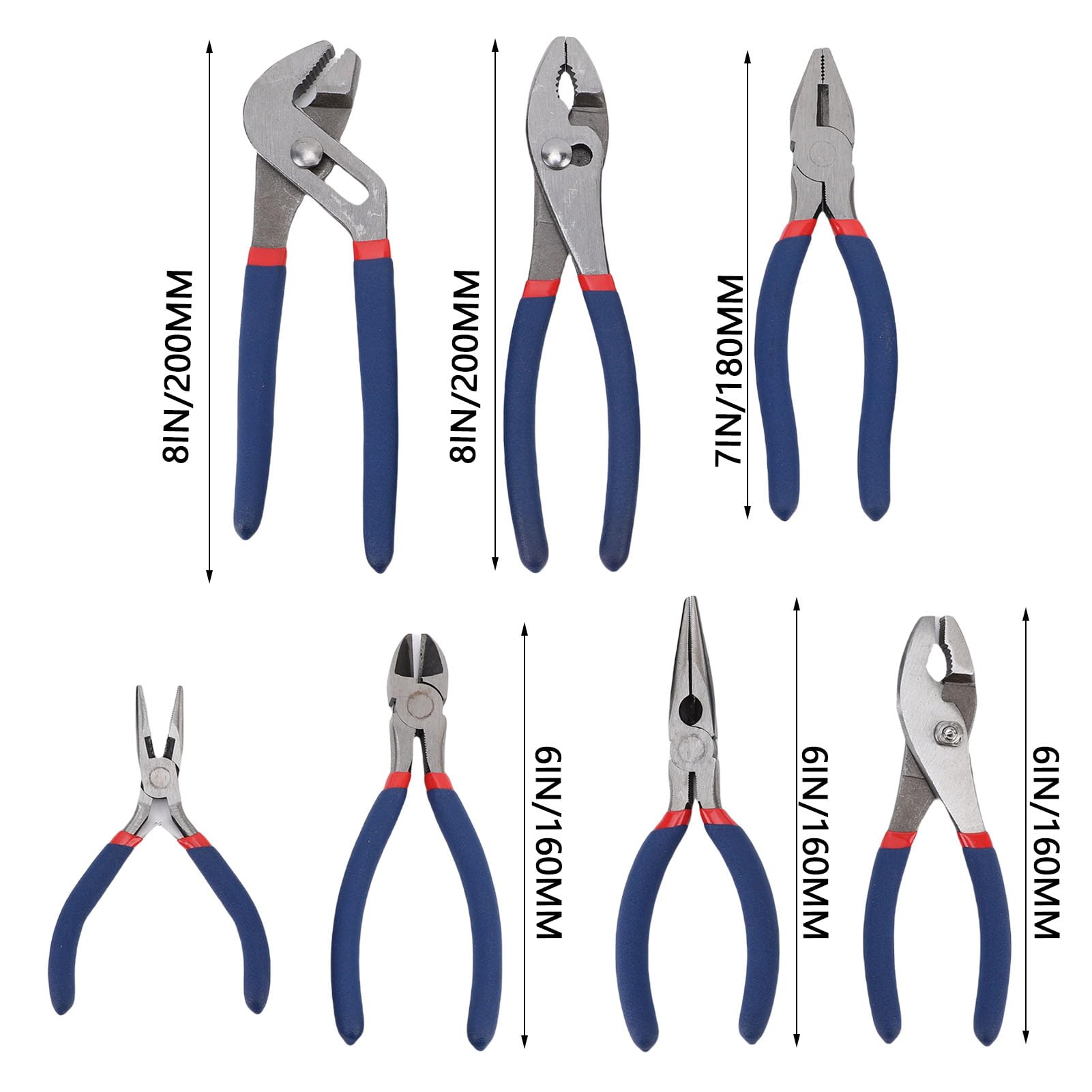 Set di 7 Pinze con Pinza a Giunto Scanalato e Pinza a Slittamento | Kit di attrezzi multiuso per riparazione auto, acciaio , impugnature comode, naso lungo, guardalinee, pinze diagonali