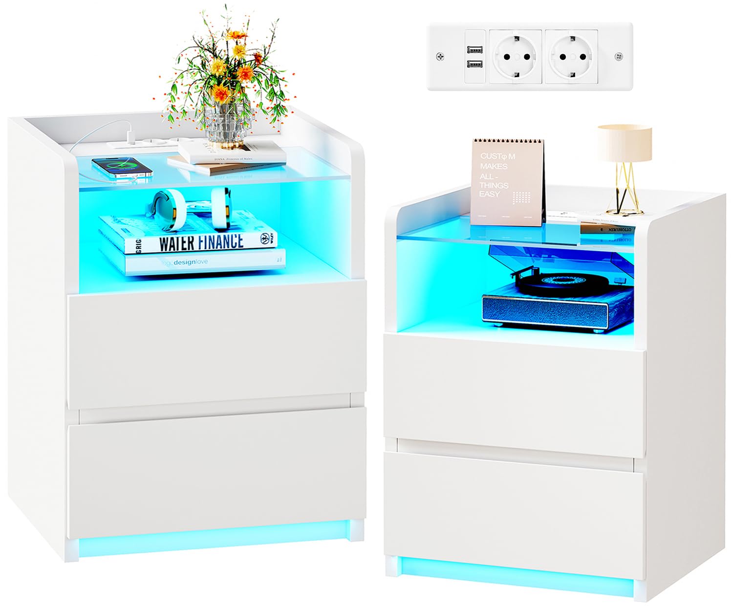 ANWBROAD Nachttisch 2er Set,Nachttisch mit Ladefunktion und LED-Licht, Glasplatte, Nachtschrank mit 2 Schubladen und 1 Offenes Fach, Beistelltisch mit Steckdose und USB-Anschlüssen, Weiß BNS001W