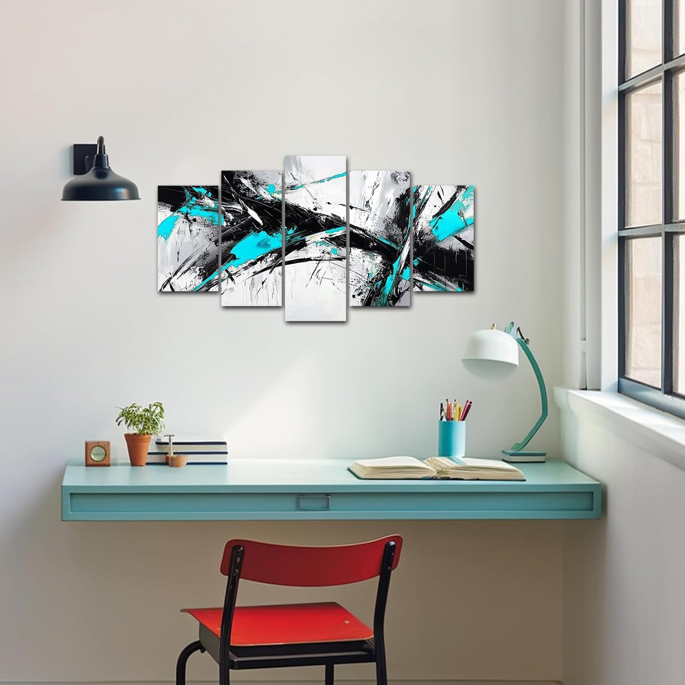 CXHOSTENT Teal Abstract Wall Art 5 Pieces Teal Grey and Black Canvas Print Turquoise Blue Picture Prints Large Artwork for Living Room Bedroom Decir Framed (White, 8x14inx2 8x18inx2 8x22inx1)