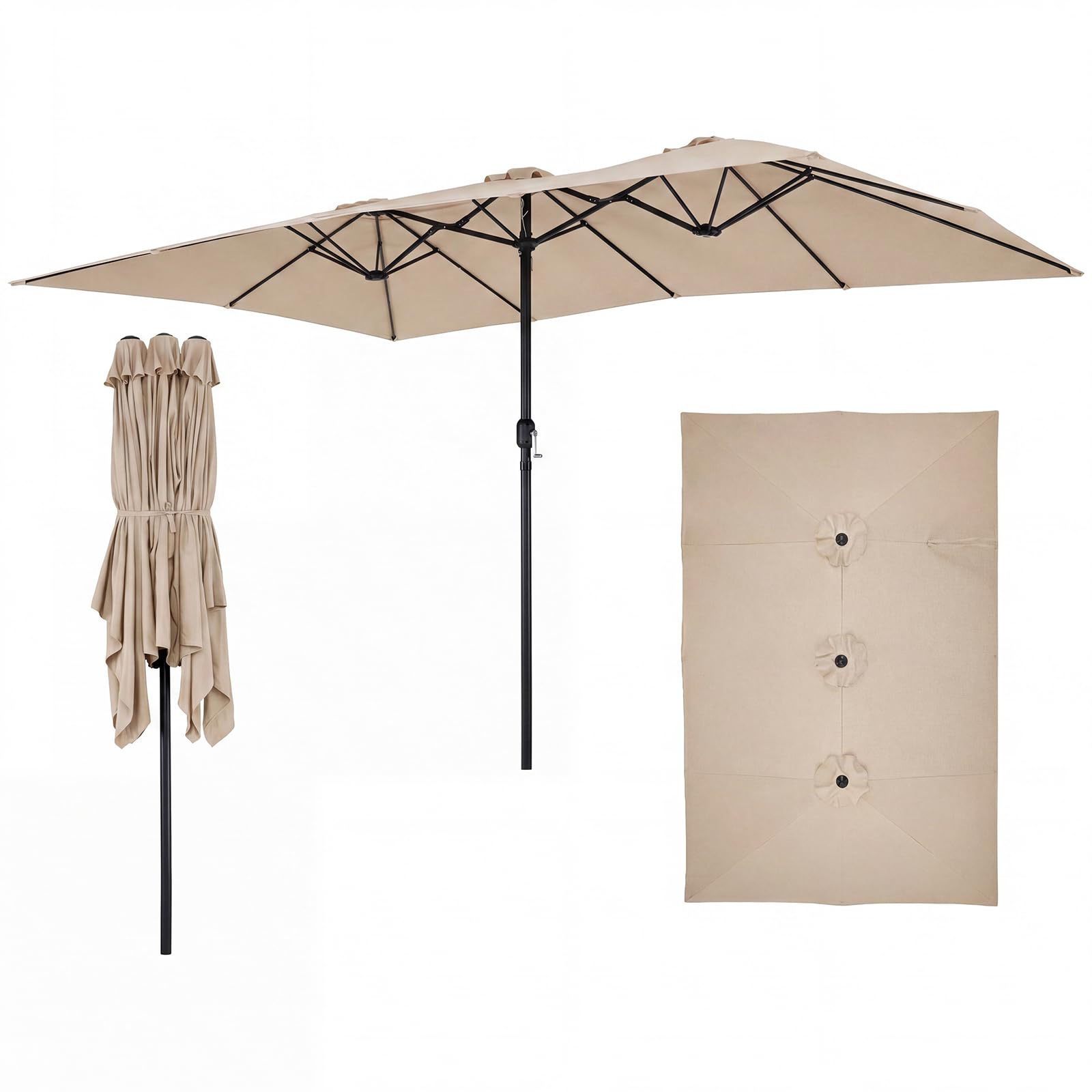 GOPLUS Parasol de Jardin Exterieur 4,3X2,7M, Grand Parasol Rectangulaire Double pour 6-8 Personnes avec Manivelle, 12 Baleines, Protection Solaire, pour Terrasse Marché Fête Plage (Marron)
