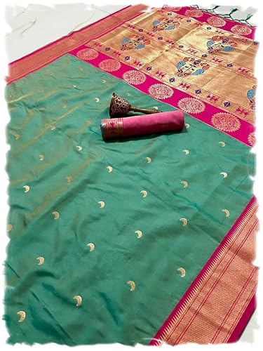 Pandadi Saree Woman's Pure Paithani Silk Saree With Unstitched Blouse Piece, Green