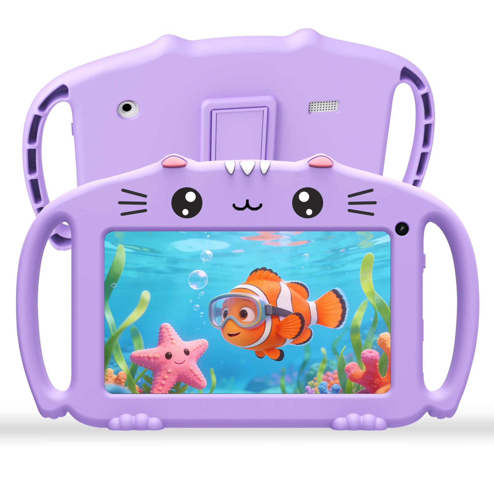 Ascrecem Tablet dla dzieci 7 cali, tablet dotykowy dla dzieci z WiFi, 2 GB RAM, 32 GB ROM, Android, tablet edukacyjny z kontrolą rodzicielską, gry edukacyjne, odporne na wstrząsy, 3-14 lat (Fioletowy