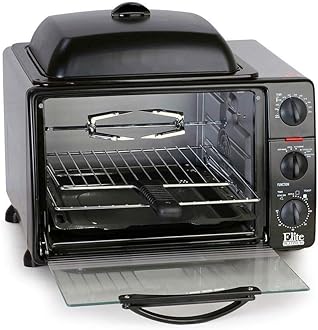 Elite Gourmet ERO-2008S Elite Cuisine 6-Slice Toaster Oven with Rotisserie and Grill/Griddle Top Black 23L capacity fits a 12” pizza, 6-Slice