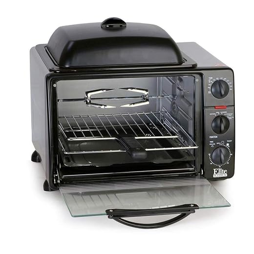 Elite Gourmet ERO-2008S Elite Cuisine 6-Slice Toaster Oven with Rotisserie and Grill/Griddle Top Black 23L capacity fits a 12” pizza, 6-Slice
