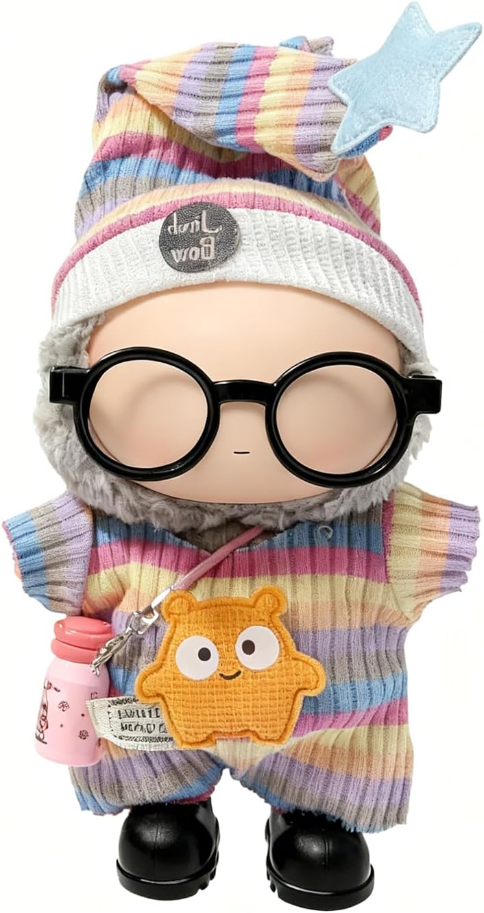 17cm Doll Clothes for Labubu, Clothing Outfits & Accessories Set, Dress Up Outfit for Labubu Doll with Bottle Shoes Glasses (Rainbow Set)