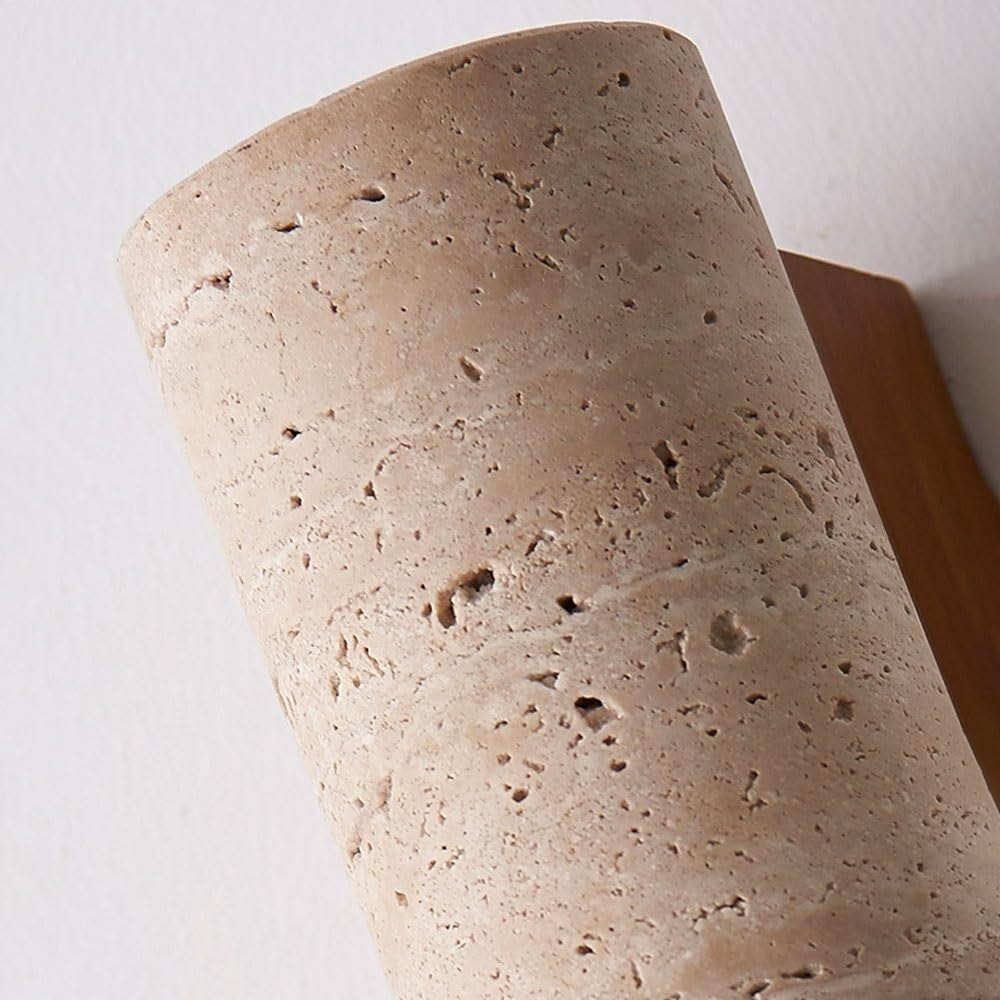 Aplique cilíndrico moderno travertino amarillo estilo nórdico pared | Aplique pared piedra natural base madera maciza for dormitorio salón pasillo(23 cm)