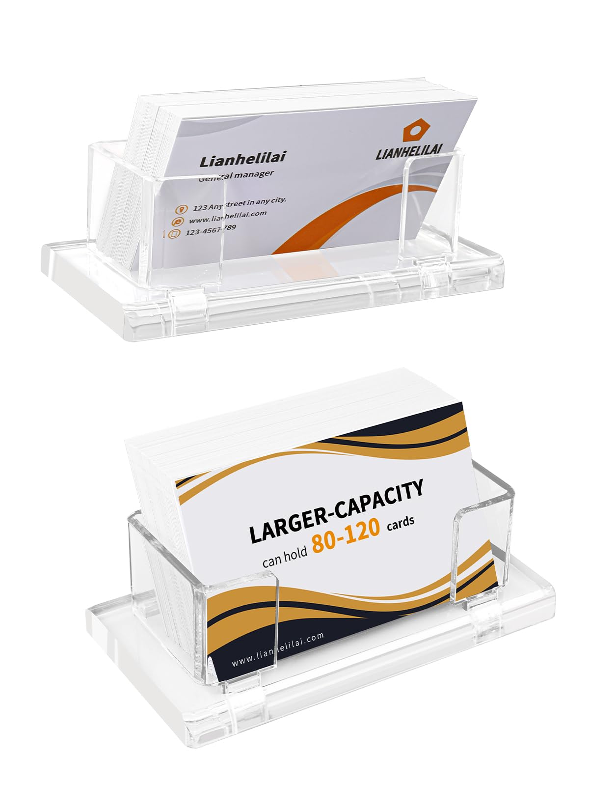 LIANHELILAI Paquete de 2 soportes acrílicos para tarjetas de visita, color negro, ampliado, con capacidad para 120 tarjetas para oficina, exposición, restaurante, mostrador, organizador de tarjetas de