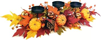 Fall Candle Holder Centerpiece for Table Thanksgiving Table Decor with Pumpkins, Maple Leaves,Autumn Harvest Decoration with 3 Candle Holders for Dining Table, Fireplace & Home Decor