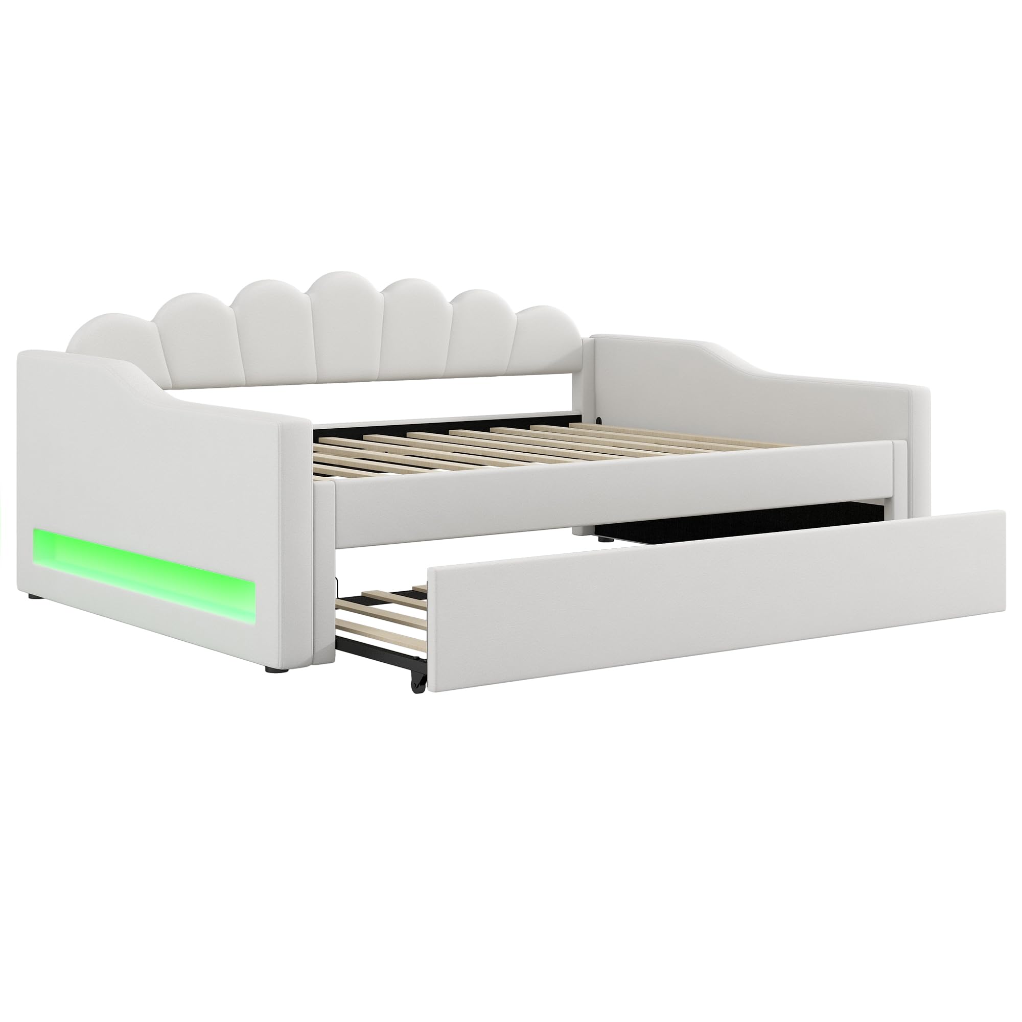 Moimhear Divano letto imbottito, 140 x 200 cm, con cintura LED e letto estraibile (90 x 190 cm), con rete a doghe, senza materasso (beige)