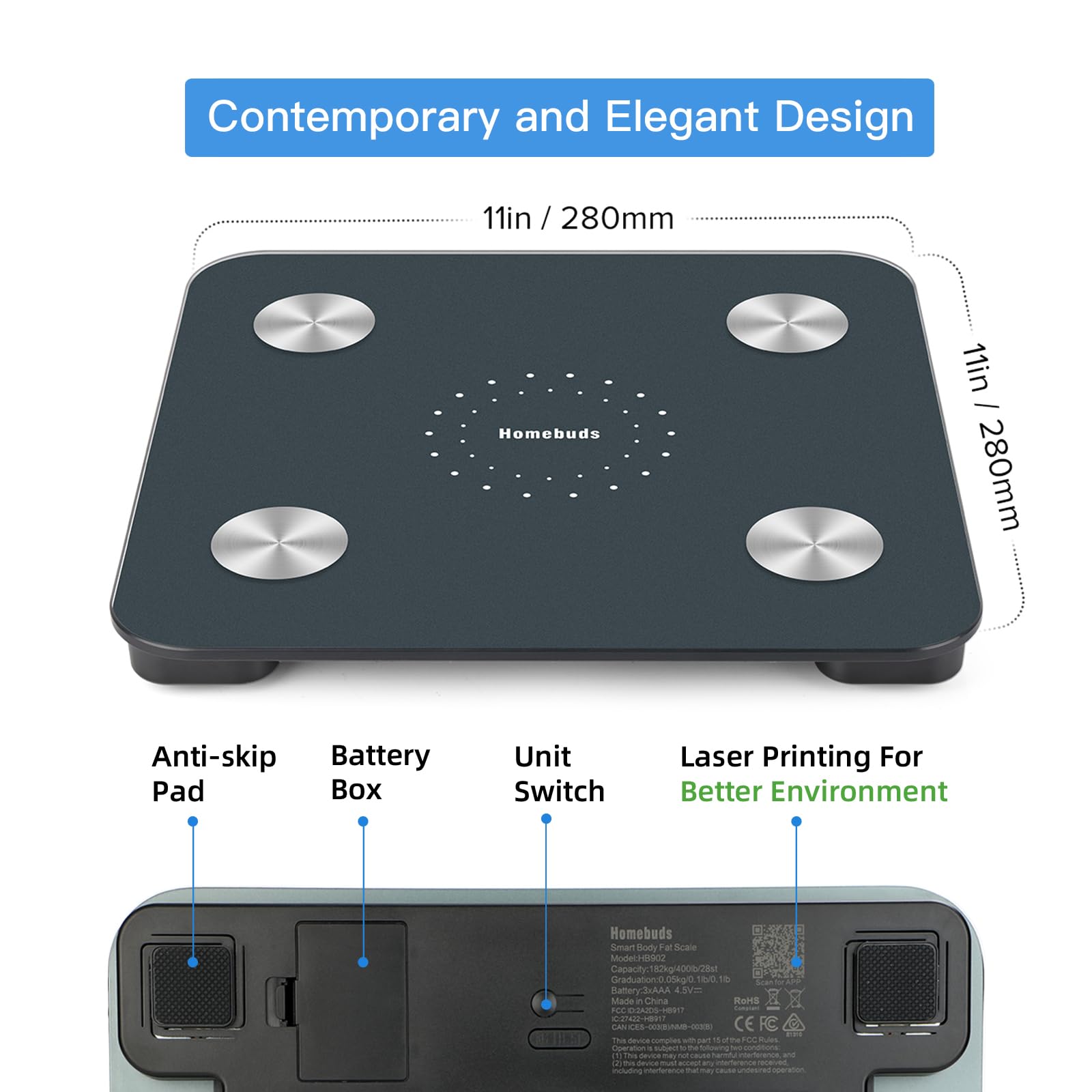 Homebuds Bilancia Pesapersone, Alta Precisione Assicurato Dalla Fabbrica Professionale di Bilancia Pesapersone Digitale dal 2001, App Sync 13 Composizione Corporea, 182kg, LED, Blu