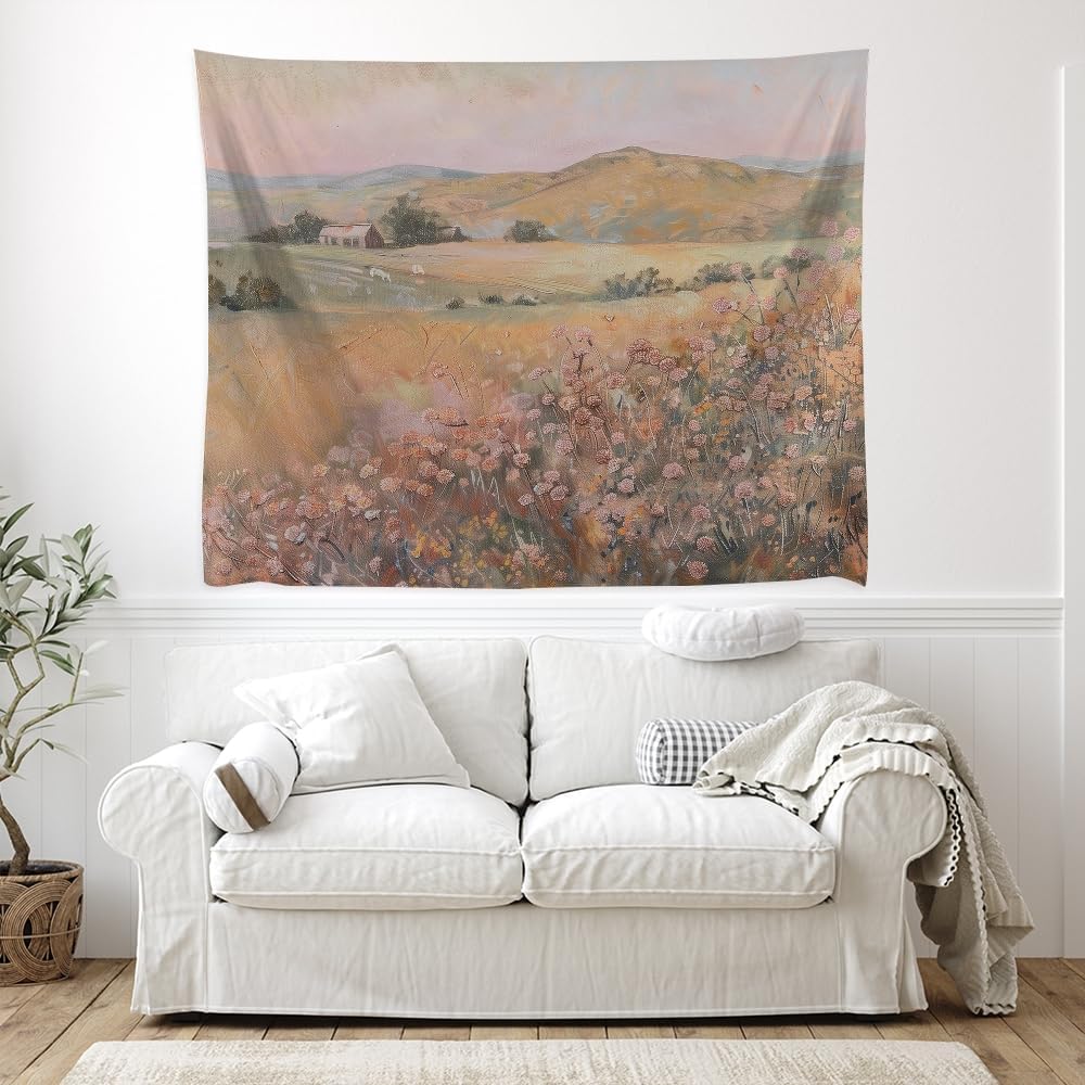 Pastel Boho Wildflower Tapestry Vintage spring Botanical Aesthetic Tapestries Abstract Rustic Natural Landscape Wall Hanging Decor for Living Room Dorm Gallery Wall Decor white60x80inch
