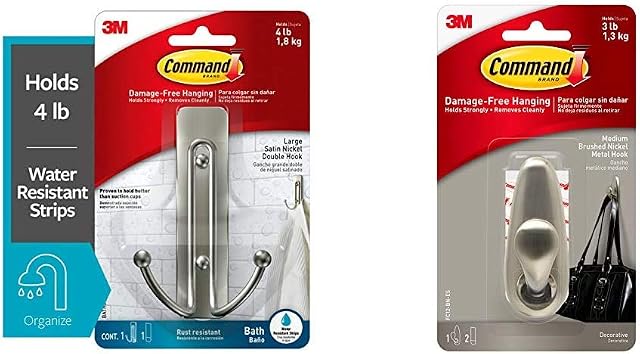 Command BATH36-SN-ES Large Double Bathroom Hook / Towel Hooks, Satin Nickel, Damage-Free & Medium Brushed Nickel Metal Hook