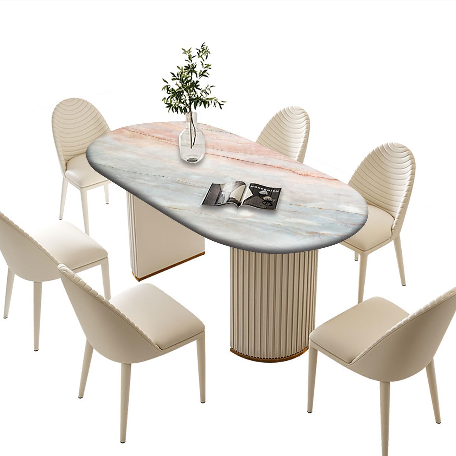 Marble Elastic Edged Oval Table Cloths, Peach Grey Onyx Stone Polyester Wrinkle Resistant Fitted Table Cover, for Indoor Holiday Family Banquet and Outdoor Patio Use, Fits 48