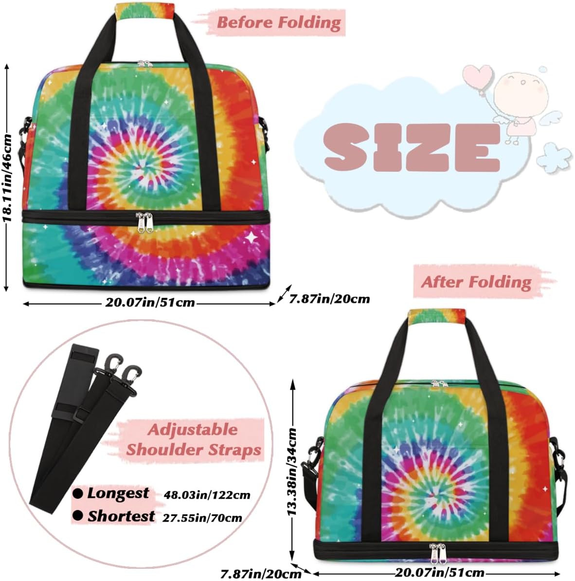 QsirBC Tie Dye Classic Design Gym Bag for Women Duffle Tote with Shoes Compartment Men Weekender Duffel for Dance Travel Sports Swimming Overnight