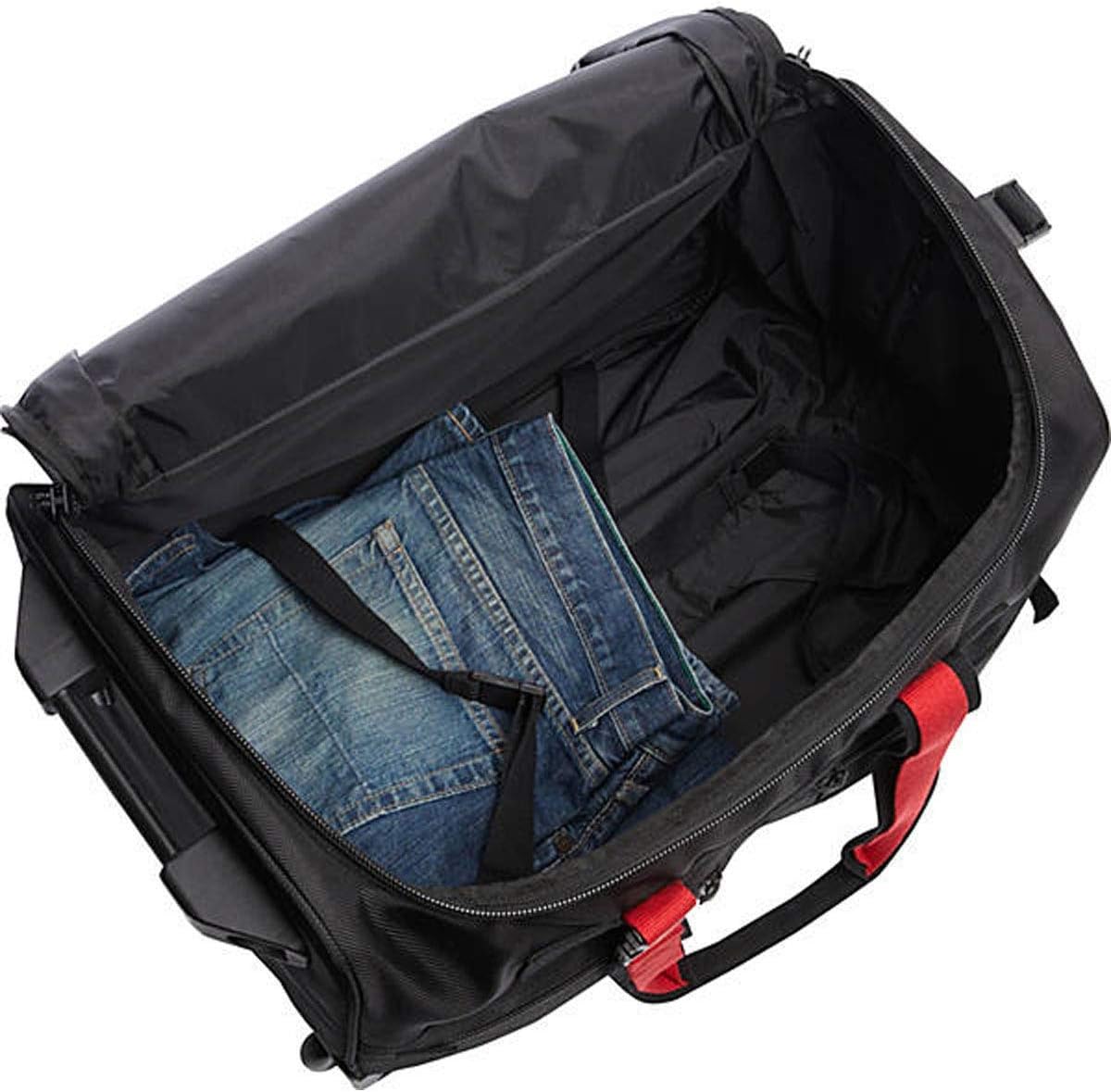 A.SAKS Rolling Trolley Duffel Bag 20-Inch Carry-On, Expandable with 2-Wheels and Telescoping Handle for Easy Traveling, Lightweight and Durable, Black with Red Details