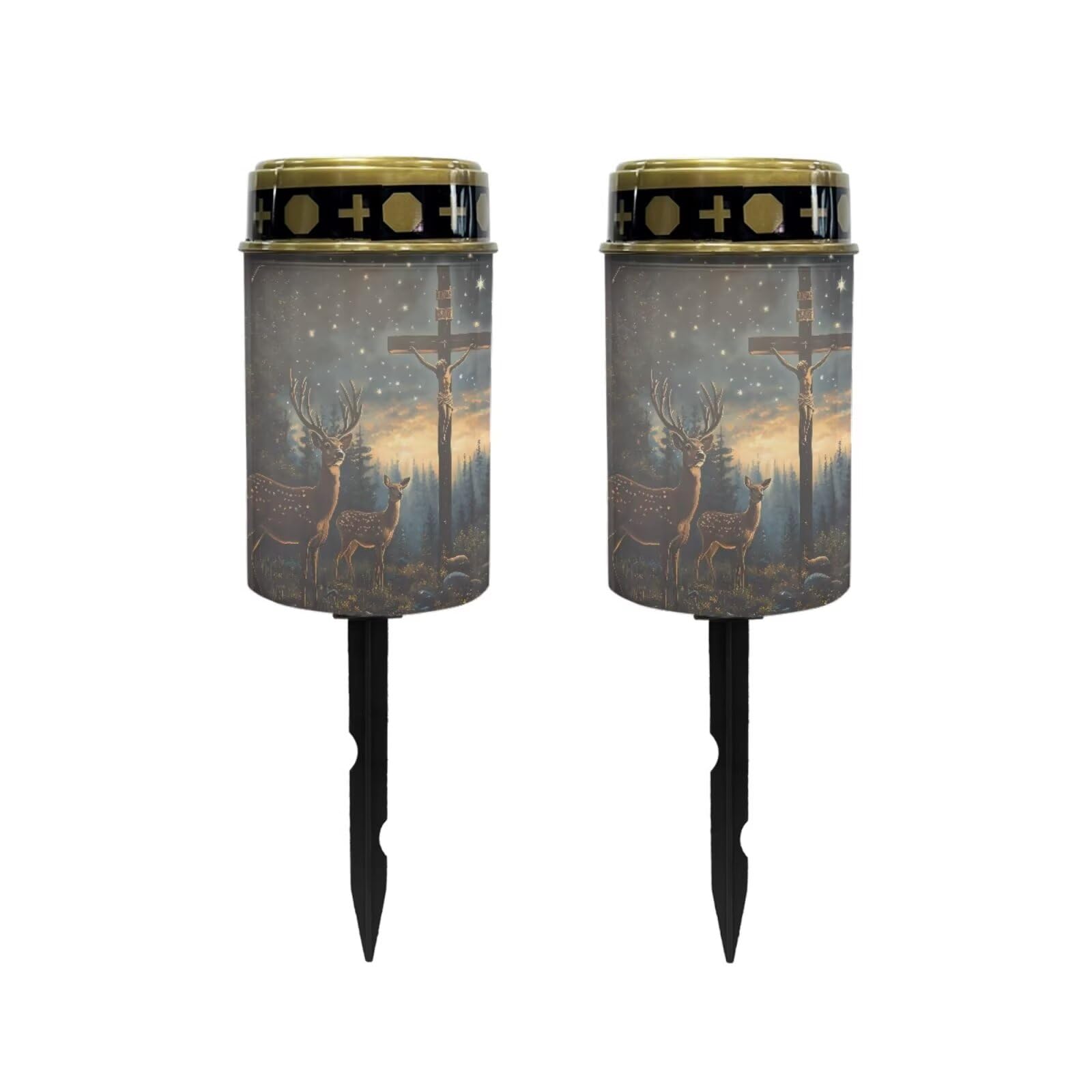 Poceacles 2 Pieces Cross Solar Lights Outdoor Waterproof for Grave Decorations Fake LED Flameless Candles Outdoor Solar Lights Solar Lamp for Cemetery Pathway Lawn Yard, Deer Cross Starry Sky