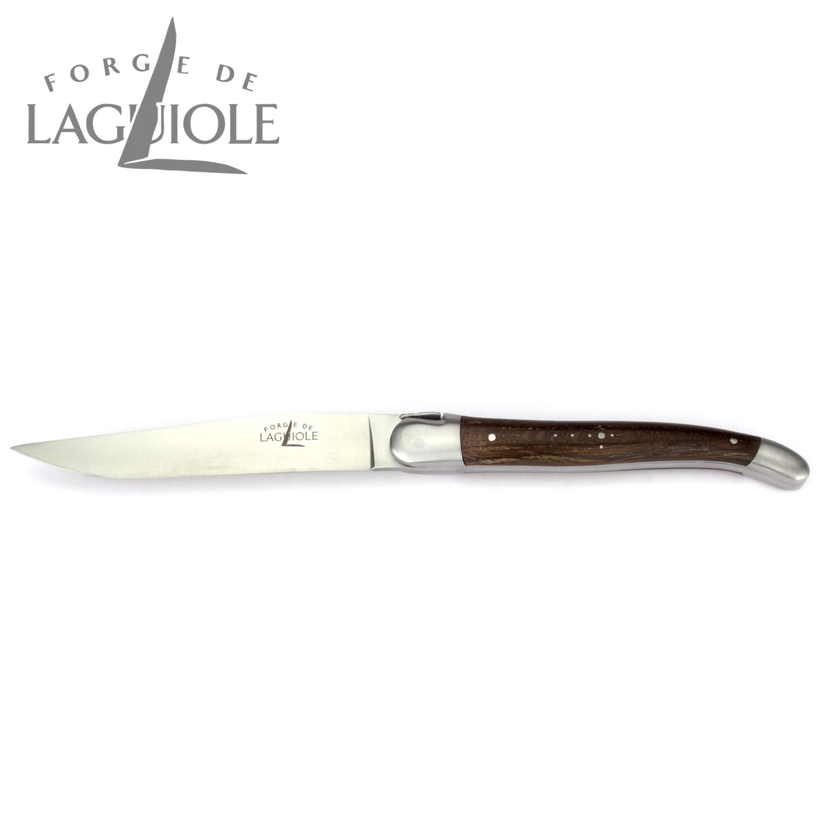 Forge de Laguiole - Steakmesser und Gabel je 1x im Set - Griff fossile Mooreiche - Steakbesteck Frankreich - Stahl satiniert