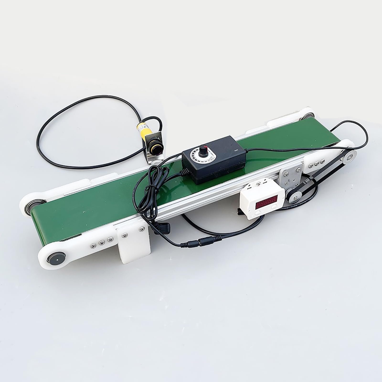 Nastro trasportatore da Tavolo Compatto con contatore Automatico, Macchina a Nastro in Piccola Scala 10x100cm per imballaggio Alimentare e Uso di Laboratorio, velocità Regolabile Verde