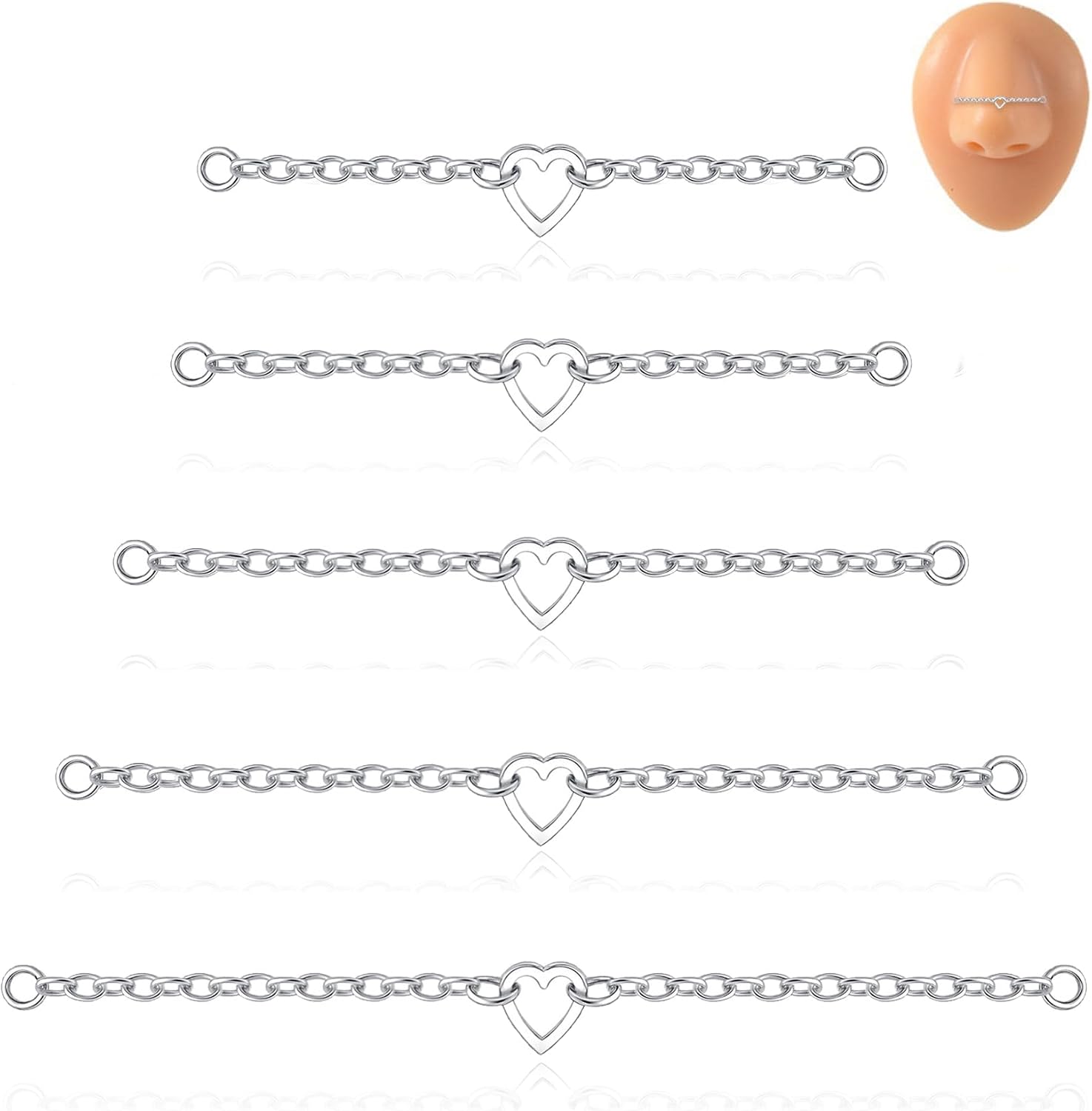 5Pcs Nose Chain Piercing Stainless Steel Across Top Nose Rings Chain Heart Double Nostril Bridge Jewelry for Women Men Silver Plated 32/35/40/45/50mm