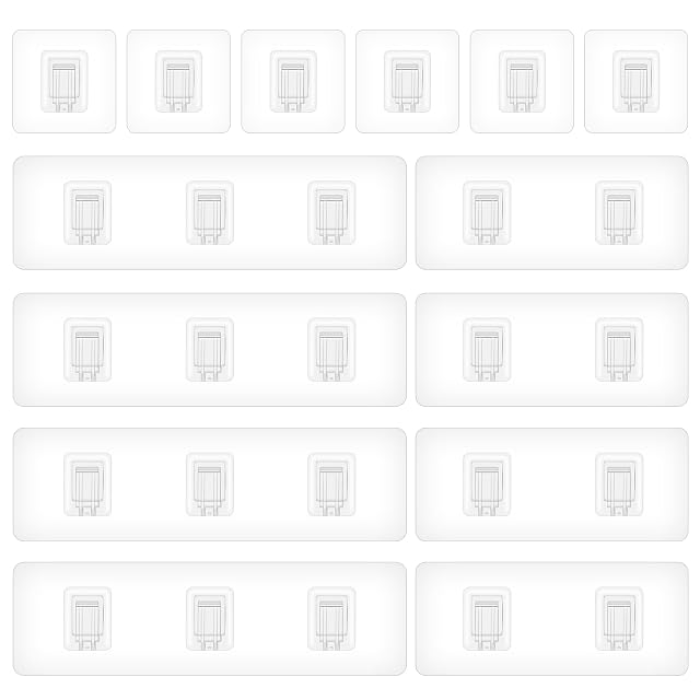 Xyembu 14 Packs Shower Caddy Adhesive Replacement Transparent Strong Adhesive Hooks Waterproof Shower Strips Flat Hooks for Bathroom