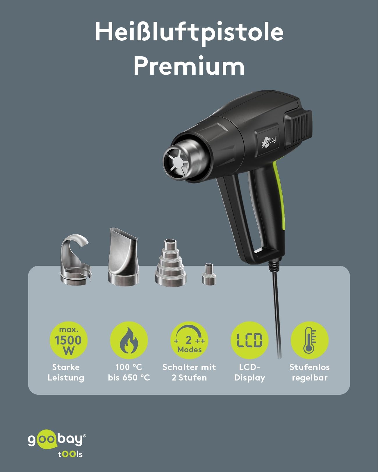 goobay Pistola ad aria calda da 1500 W, display LCD, 2 intervalli di temperatura regolabili (100°C-650°C), flusso d'aria 450I/min, con 4 inserti per tubi termoretraibili, dissaldatura, deformazione