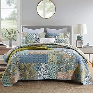 WONGS BEDDING 3-Piece Floral Vintage Patchwork Bohemian Bedspread with 2 Pillowcase Cotton Lightweight Quilt Coverlets for All Season Double Size 220x240 cm