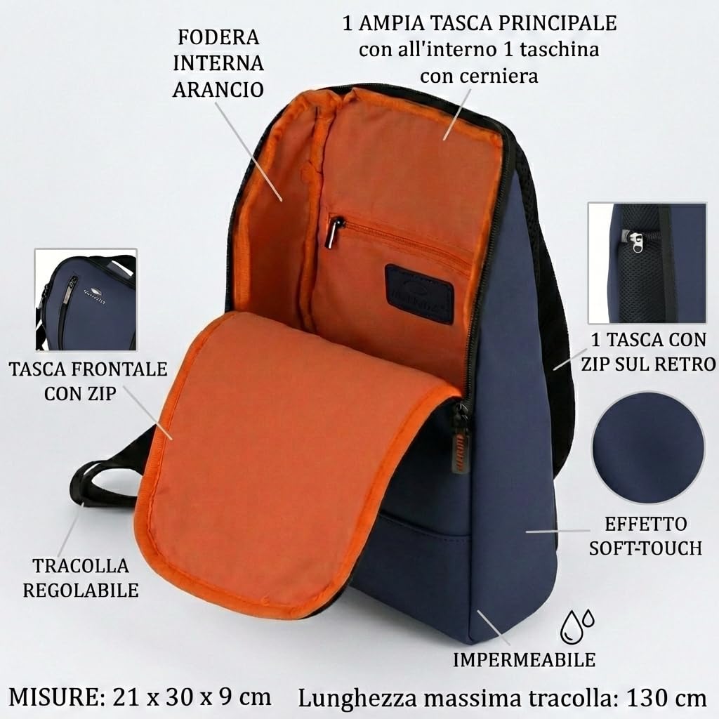 No Limits Borsello Monospalla Uomo Impermeabile, Zainetto Tracolla Regolabile, Effetto Soft-Touch e Fodera Arancione, con Tasche Multiple