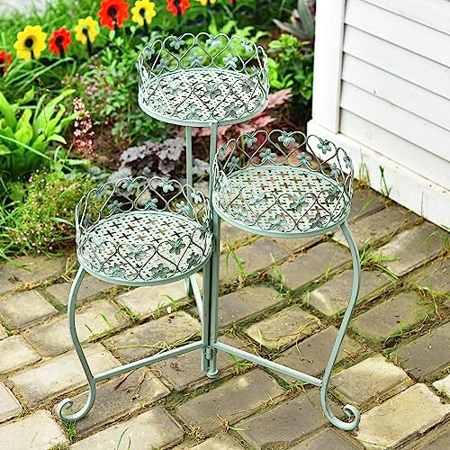Sungmor 2-Pack 3 Tier Plant Stands, 23" Tall Metal Plant Shelves, Beautiful Rustic Green Planter Rack Elegant Plants Organizer For 3 Pots, Indoor Outdoor Decorative Multi Tier Shelf Flower Pots Holder #TOP4