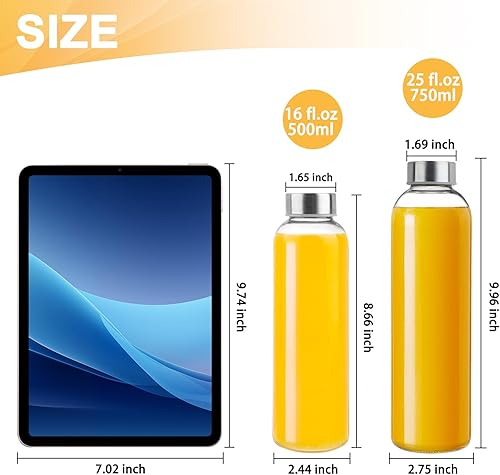 Miniatura 8 de Paquete de 12 botellas de agua de vidrio, botellas de vidrio transparente de 16 onzas con tapas de acero inoxidable, botellas de vidrio