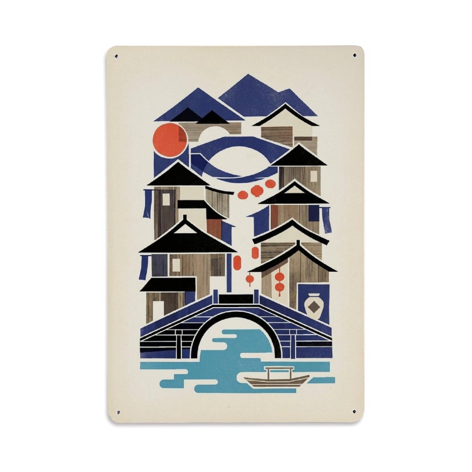 Okngb Style Chinese Wuzhen Landmark Mosaic Illustration Travel Metal Tin Sign Plaque Wall Decor For Cafe, Man Cave, Club Bar, Office, Home Garden Round Metal Poster 8X12inch