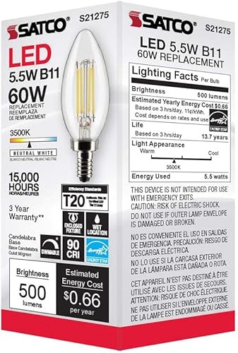 Miniatura 8 de Satco S2127506 - Bombillas LED E12 de 5.5 W, 3500 K, clasificación de 15000 horas, regulables, paquete de 6