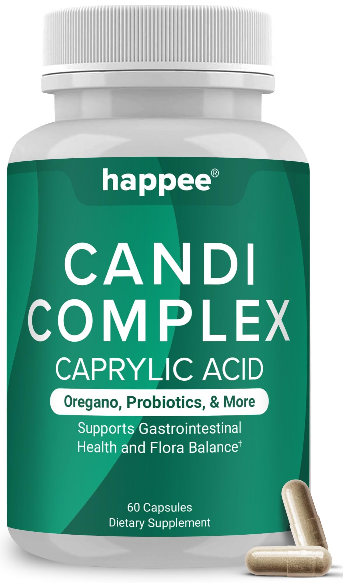 Happee Candida Complex Supplement – Candida Cleanse for Overgrowth Support – Caprylic Acid, Oregano & Probiotics for Yeast Balance, Gut & Immune Support – 60 Caps