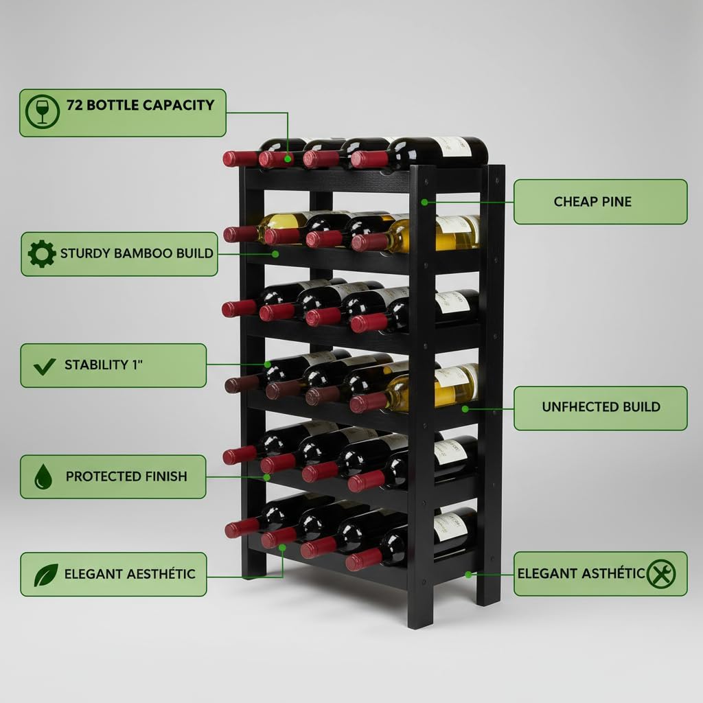 NutriChef 72 Bottle Wine Rack Stackable Bamboo Freestanding, 8-Tier Modular Shelf, Sturdy Wobble Free, Upgraded 2026 Design, Easy No-Tool Assembly for Kitchen, Cellar or Bar 33.5" x 10" x 41" (Black)
