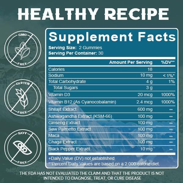 Miniatura 2 de Shilajit Gummies - Manera prémium de equilibrar las hormonas, aumentar la energía celular y vencer la fatiga, suministro para 30 días, sin gluten,