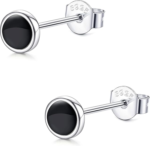 JeweBella Sterling Silver Round Black Paint Stud Earrings for Men Women 925 Sterling Silver Post Hypoallergenic Classic Round Black Piercings Earrings 3/6/8MM